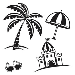 Black and white graphic icons of a palm tree beach umbrella sandcastle and sunglasses on a white background