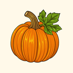 Cartoon Pumpkin with Green Leaf – Autumn Vegetable Illustration