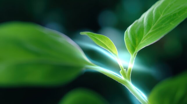 Abstract background of glowing energy flowing into a plant, representing sustainable energy in agriculture. Green energy, growth.