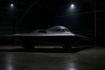 B-2 stealth bomber under dramatic lighting inside a vast military hangar.
