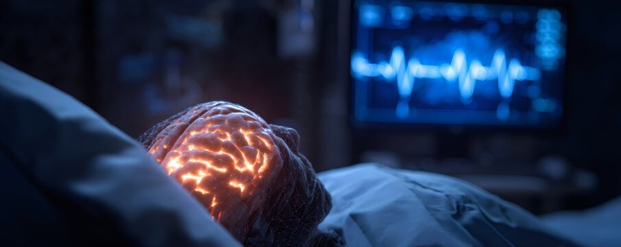 Human brain with glowing activity and network overlay, concept of neuroscience and thought process. Medical monitoring and technology.