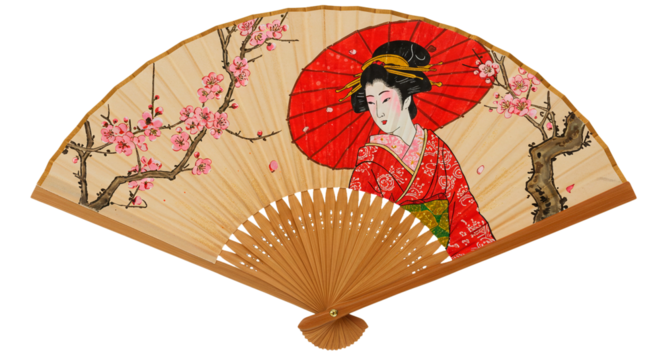 A painted fan depicting a geisha with a red umbrella and cherry blossom branches on a beige background on transparent background