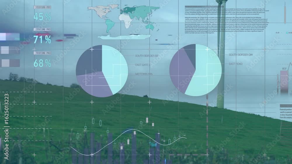Aufkleber Fading table overlay animating gauges and charts while wind turbine swinging to visualize energy
