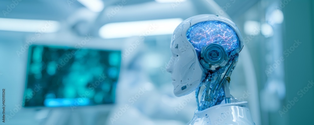 Poster a sophisticated humanoid robot in a medical lab or hospital setting, featuring a visible brain with 