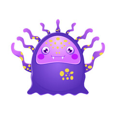 Cute purple monster with tentacles smiling against white background