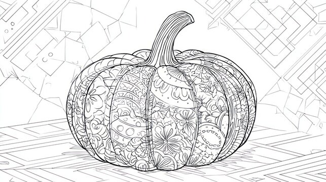 Detailed, intricate, grayscale drawing of a pumpkin filled with floral and geometric patterns
