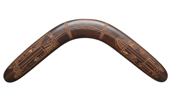 A dark brown wooden boomerang with intricate light brown aboriginal style designs on a black background on transparent background