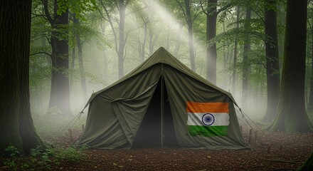 Indian flag proudly displayed on a tent in a misty, sunlit forest setting