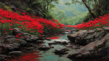 Path in a forest with red spider lilies and a stream　森の小川と彼岸花