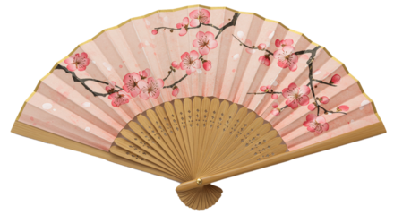 A pink hand fan with cherry blossom design on a black background in a studio shot setting on transparent background