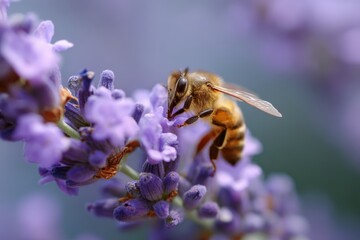Macro shot of a bee collecting nectar from a lavender flower
