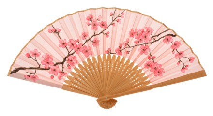 A pink hand fan with cherry blossoms and wooden handle on a black background in a studio shot on transparent background