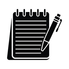 Simple black and white icon of a spiral notebook with a pen ready for writing