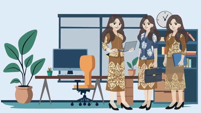 Illustrative footage of female office workers in their workspace wearing batik motifs or traditional Indonesian kebaya.
