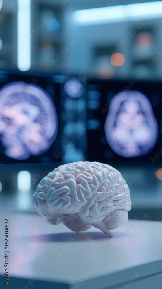 Poster human brain model on table. concept of artificial intelligence and machine learning. neurological st