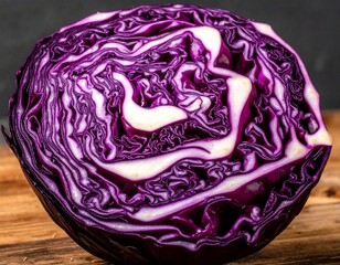 Close-up of a half fresh purple cabbage with tightly layered leaves and vibrant deep violet tones