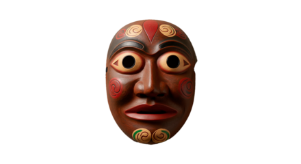A close up of a wooden korean mask with painted details against a black background in a studio shot on transparent background