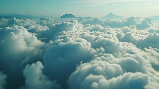 Majestic Aerial View of Puffy Cloudscape with Mountain Peaks in Distance
