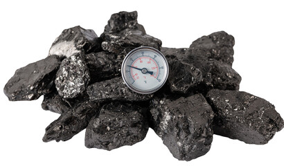 A pile of fossil fuels in the form of coal with a low heat thermometer.