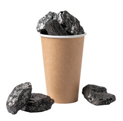A cardboard ecological cup is filled with carbon fuel in the form of coal.