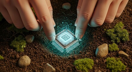Planting future tech hands delicately holding a glowing microchip in soil