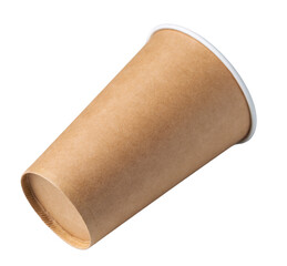 Disposable cardboard biodegradable glass on a white table, gray background.