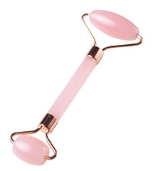 Pink Gua Sha massage tool on a white background, close-up. Rose Quartz jade roller.