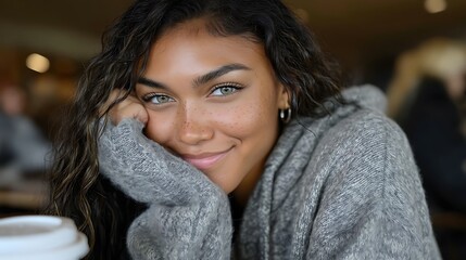 Smiling woman with captivating green eyes looks content in cozy cafe setting.