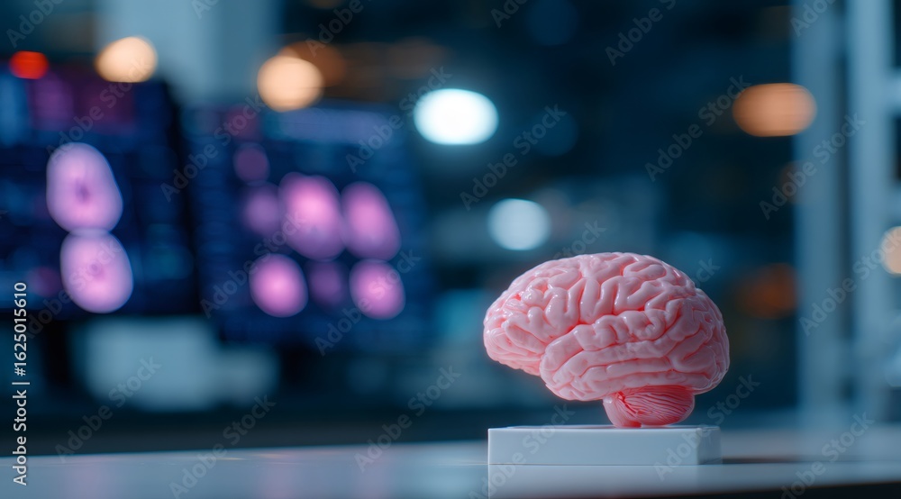Aufkleber human brain model on table in dark lab with blurred screens. concept of neuroscience, artificial int