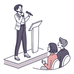 A confident woman speaks into a microphone from a podium while an audience listens attentively