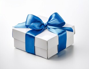 Obraz premium elegant white gift box wrapped with shiny blue ribbon and bow isolated on clean white background