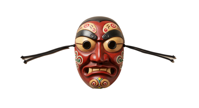 Close up of a traditional korean mask with red face and decorative details on a black background on transparent background