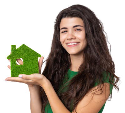 Happy house buyer. A young girl holds a model of a green house in her hands. The concept of green energy, ecology.