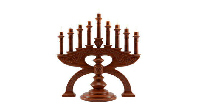 A wooden menorah with nine candles lit on a black background in a centered close up shot on transparent background