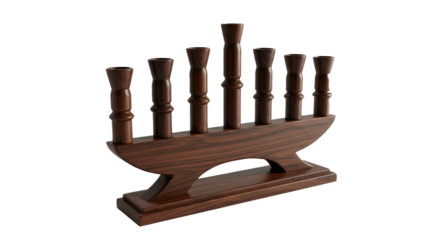 A wooden menorah with seven candle holders on a black background in a studio setting isolated on transparent background
