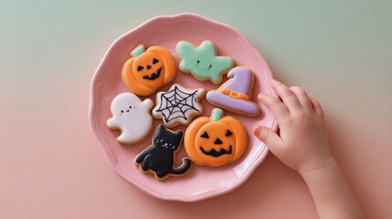 A pastel plate with assorted Halloween cookies in cute shapes: pumpkin, ghost, cat, spider web, witch hat, playful festive vibe.