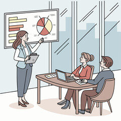 Businesswoman presenting financial charts and graphs to colleagues in a modern office meeting room