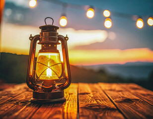 Lantern light lamp wood table sunset evening glow warm vintage rustic