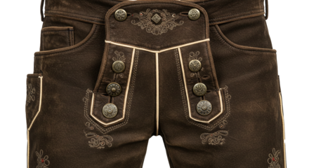 A close up shot of traditional lederhosen with decorative buttons and embroidery on a black background on transparent background