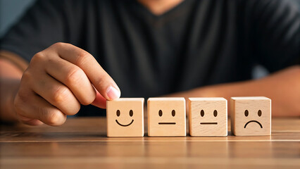 “Hand Selecting Happy Face Block Among Emotions – User Satisfaction, Psychology, and Feedback Concept”