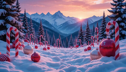 Festive Christmas landscape at sunset, snowy ground decorated with red and white candy canes, large glittery baubles, snow-covered pine trees, majestic mountains in the background
