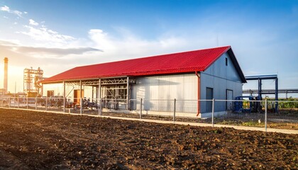 Industrial Facility with Red Roof and Warm Sunset Light Illuminating the Landscape