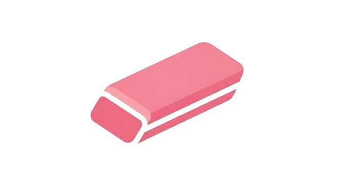 A pink eraser with white stripe on a white background in a simple graphic style isometric view