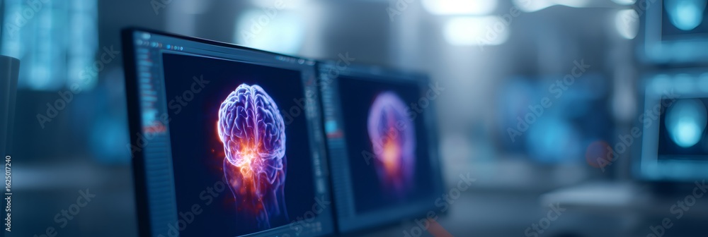 Poster 3d render of human brain scan on computer monitors for medical diagnostics and neurology research. n