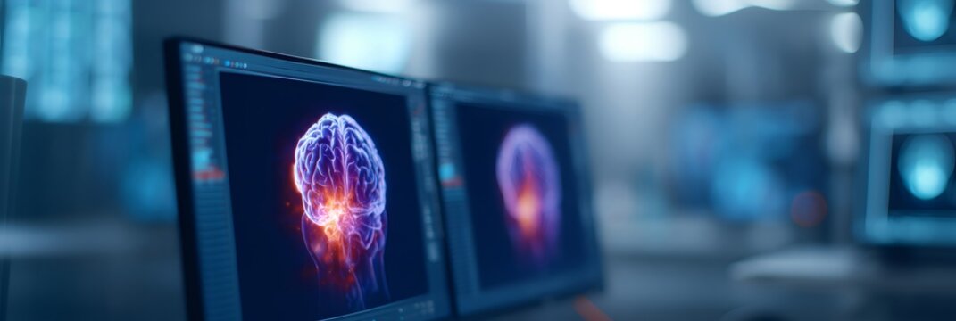 3D render of human brain scan on computer monitors for medical diagnostics and neurology research. Neuroscience and ai health.