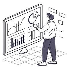 Man points at a digital dashboard displaying financial charts and graphs on a large monitor