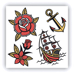 The image you’ve uploaded is a vibrant collection of vintage tattoo flash designs, featuring traditional American tattoo motifs such as roses, hearts, daggers, wings, keys, and banners with words like