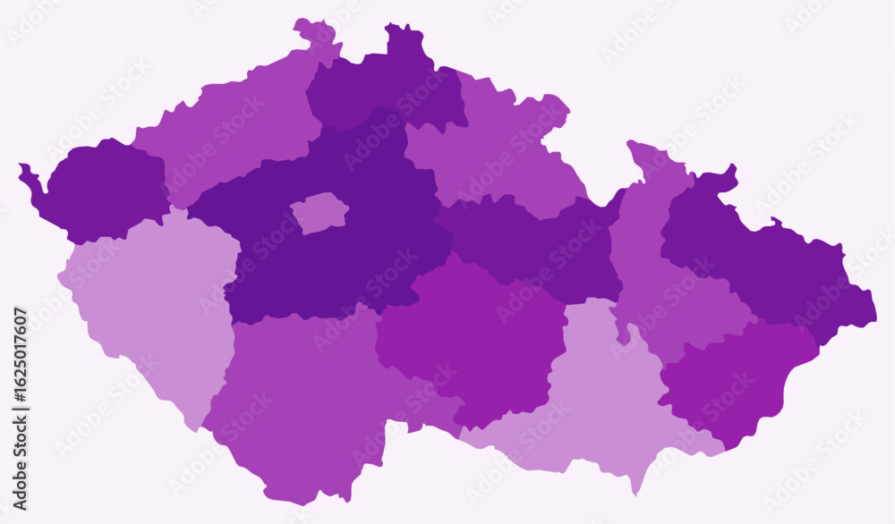 Poster map of czechia with regions. just a simple country border map with region division. purple color pal