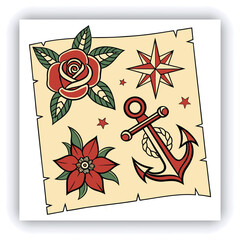 The image you’ve uploaded is a vibrant collection of vintage tattoo flash designs, featuring traditional American tattoo motifs such as roses, hearts, daggers, wings, keys, and banners with words like