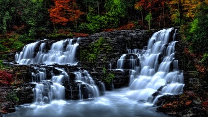 Fototapeta premium Autumn forest landscape with a beautiful waterfall flowing between green rocks and trees